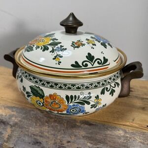 Asta West Germany Enamel Floral Dutch Oven Lidded 8"Casserole Pot Vintage Cream